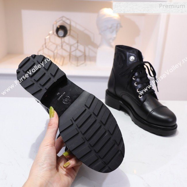 Chanel Calfskin Pearl Lace-up Short Boots Black 2019 (DLY-9091117)