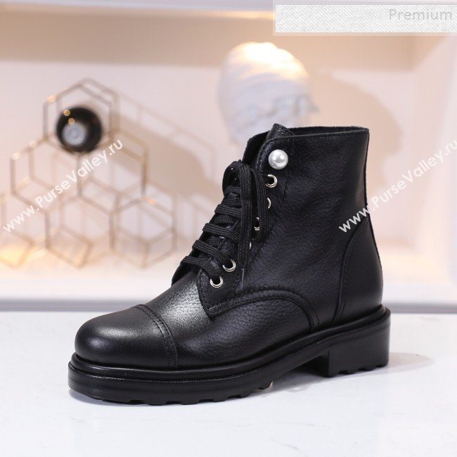 Chanel Calfskin Pearl Lace-up Short Boots Black 2019 (DLY-9091117)