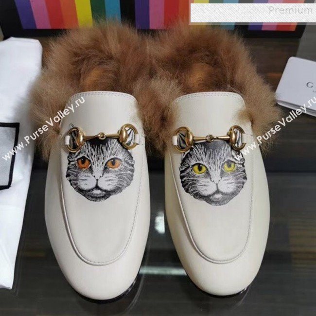 Gucci Princetown Calfskin Wool Slipper with Mystic Cat Print White 2019 (MD-9091138)