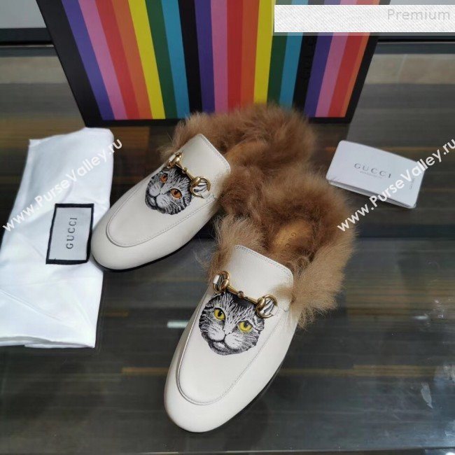 Gucci Princetown Calfskin Wool Slipper with Mystic Cat Print White 2019 (MD-9091138)