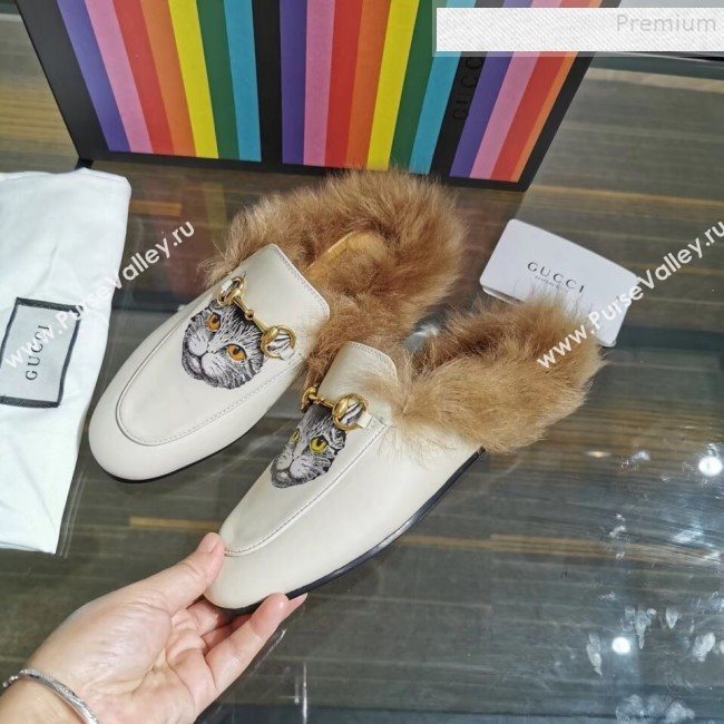 Gucci Princetown Calfskin Wool Slipper with Mystic Cat Print White 2019 (MD-9091138)