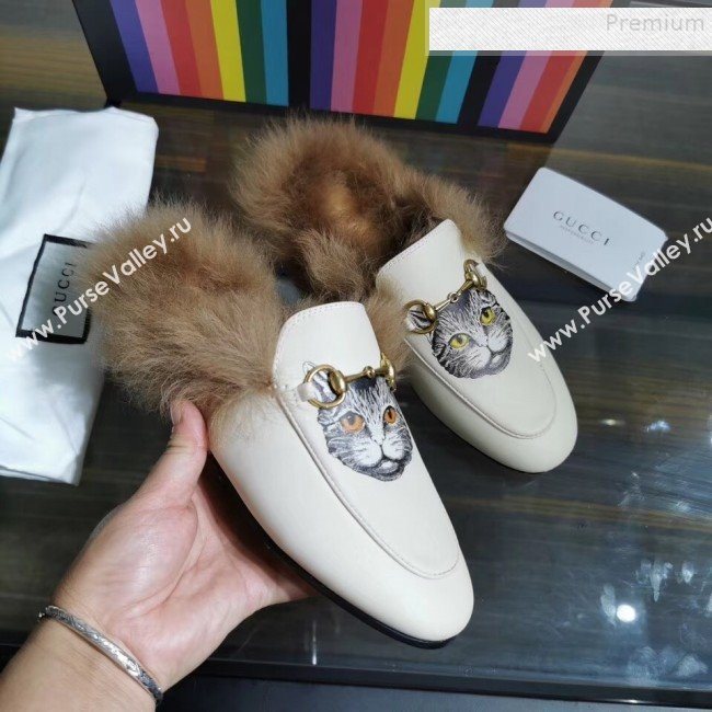 Gucci Princetown Calfskin Wool Slipper with Mystic Cat Print White 2019 (MD-9091138)