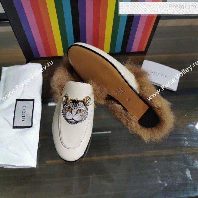 Gucci Princetown Calfskin Wool Slipper with Mystic Cat Print White 2019 (MD-9091138)