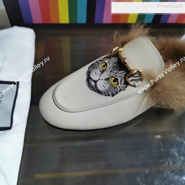 Gucci Princetown Calfskin Wool Slipper with Mystic Cat Print White 2019 (MD-9091138)