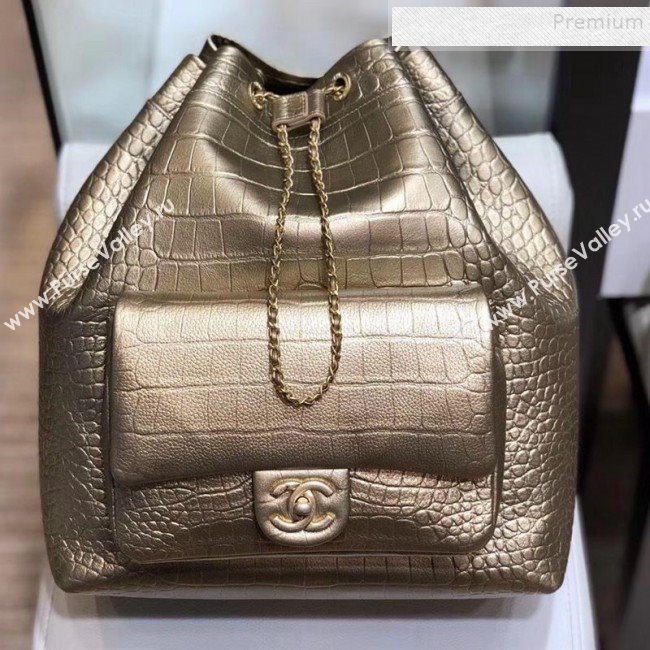 Chanel Metallic Crocodile Embossed Calfskin Large Backpack AS0800 Brass Gold 2019 (SMJD-9091811)