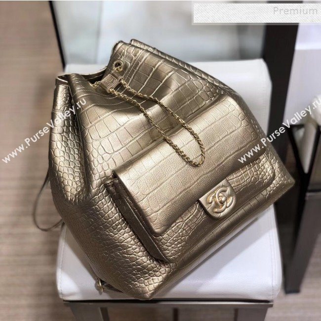Chanel Metallic Crocodile Embossed Calfskin Large Backpack AS0800 Brass Gold 2019 (SMJD-9091811)