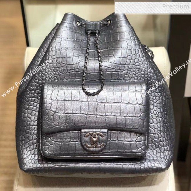 Chanel Metallic Crocodile Embossed Calfskin Large Backpack AS0800 Silver 2019 (SMJD-9091812)