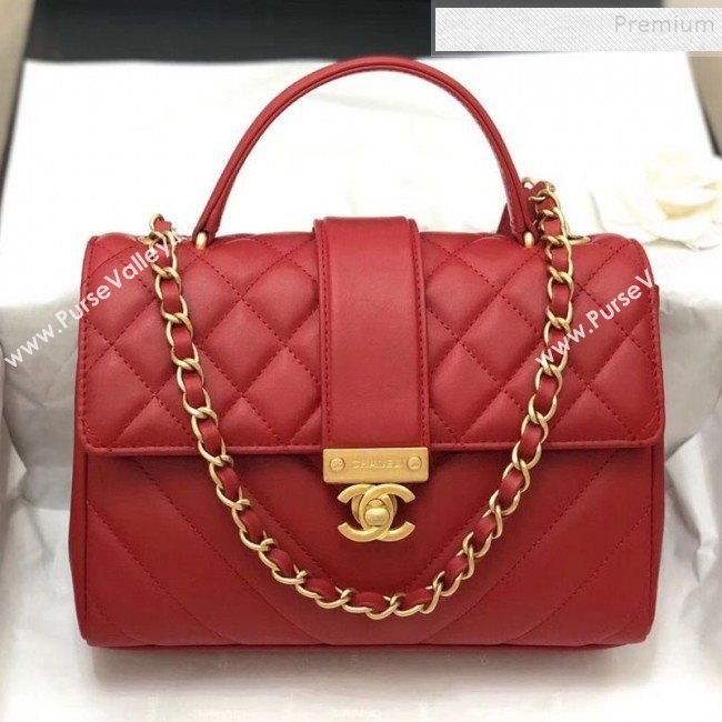 Chanel Quilted and Chevron Calfskin Flap Bag with Top Handle AS0804 Red 2019 (KAIS-9091704)