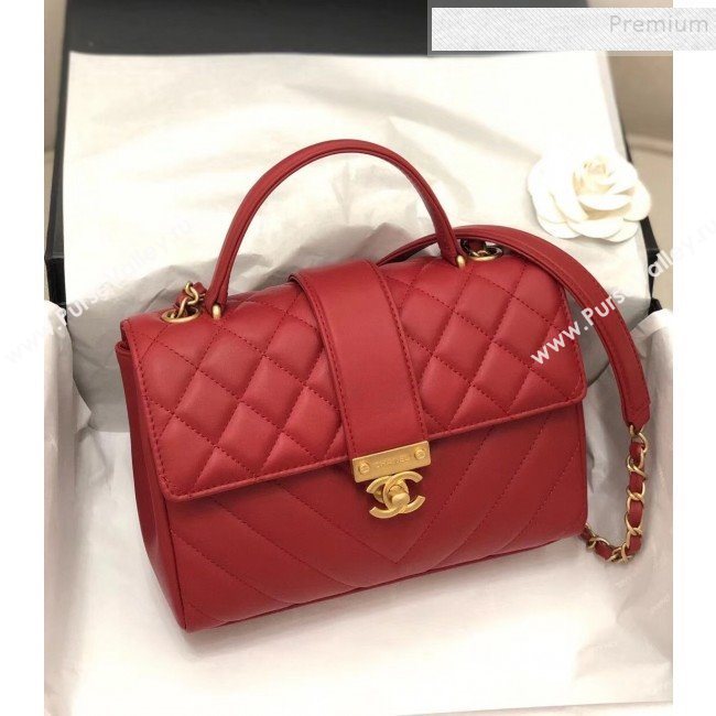 Chanel Quilted and Chevron Calfskin Flap Bag with Top Handle AS0804 Red 2019 (KAIS-9091704)