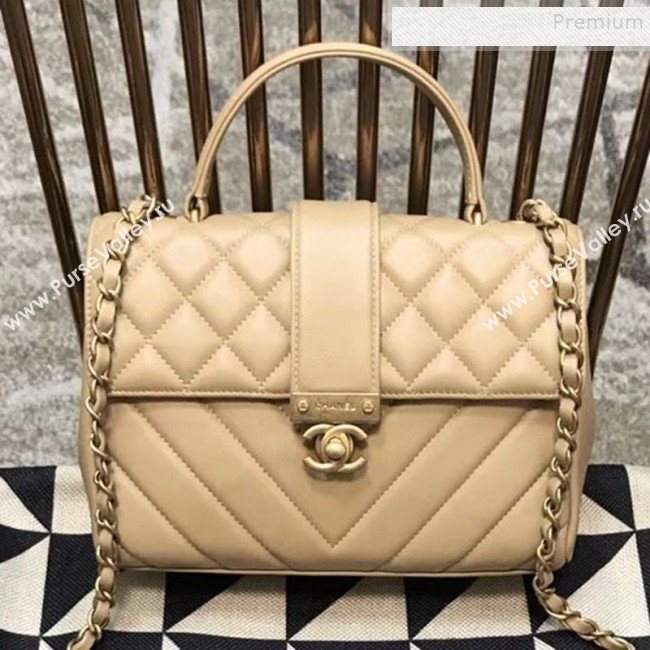 Chanel Quilted and Chevron Calfskin Flap Bag with Top Handle AS0804 Beige 2019 (JDH-9091706)