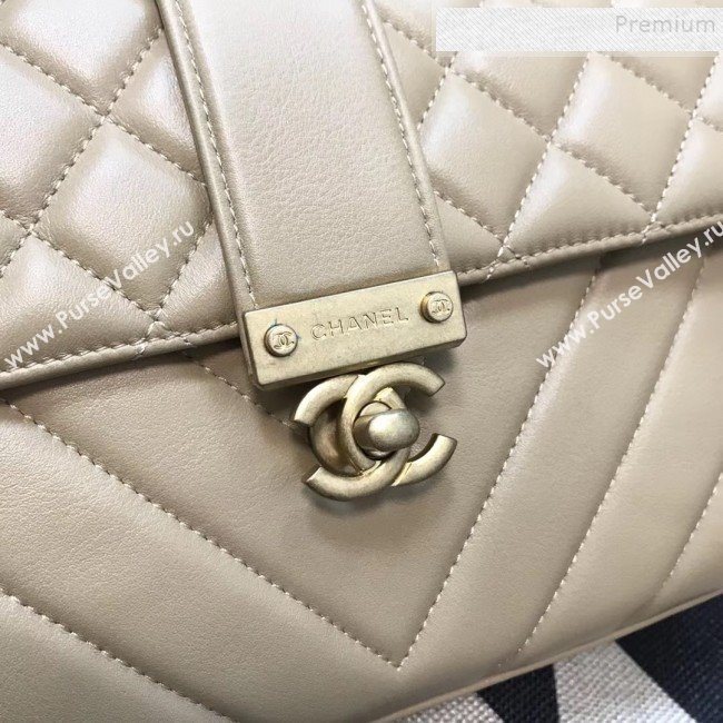 Chanel Quilted and Chevron Calfskin Flap Bag with Top Handle AS0804 Beige 2019 (JDH-9091706)