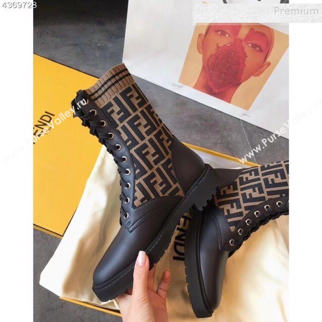 Fendi Calfskin and Knit Stretch Sock Lace-up Flat Short Boots Coffee 2019 (EM-9091914)