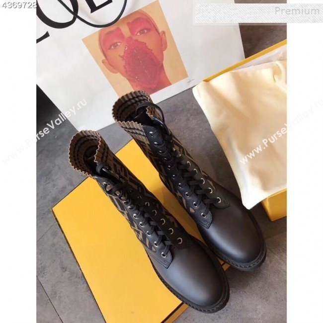 Fendi Calfskin and Knit Stretch Sock Lace-up Flat Short Boots Coffee 2019 (EM-9091914)