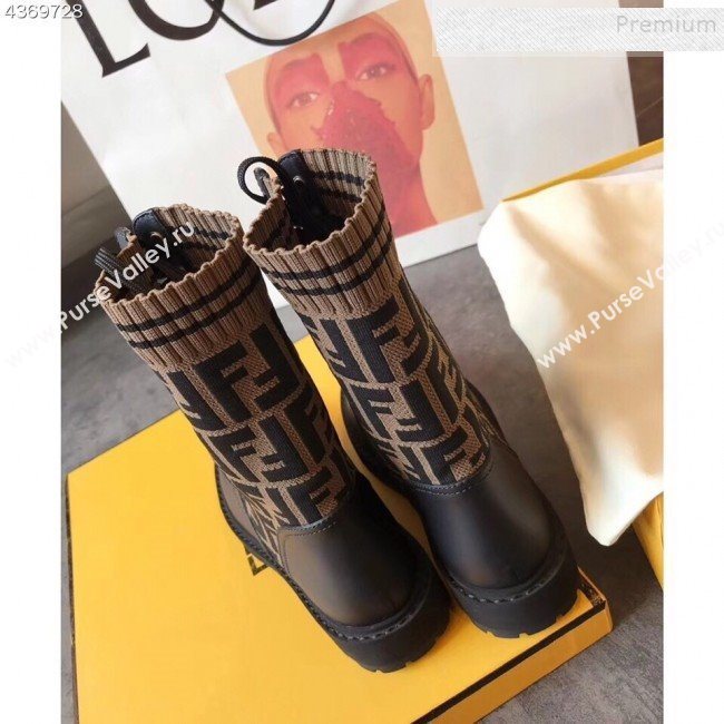 Fendi Calfskin and Knit Stretch Sock Lace-up Flat Short Boots Coffee 2019 (EM-9091914)