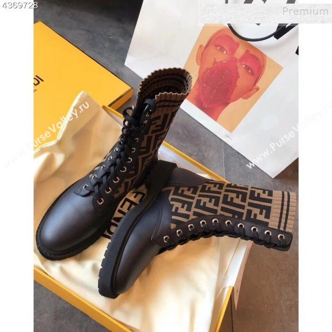 Fendi Calfskin and Knit Stretch Sock Lace-up Flat Short Boots Coffee 2019 (EM-9091914)
