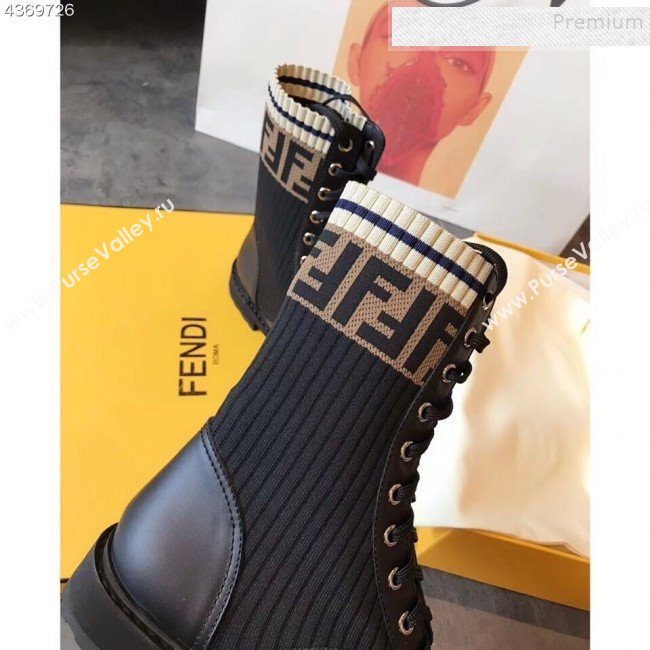 Fendi Calfskin and Knit Stretch Sock Lace-up Flat Short Boots Black 2019 (EM-9091915)