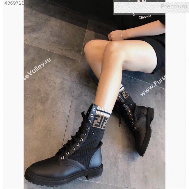 Fendi Calfskin and Knit Stretch Sock Lace-up Flat Short Boots Black 2019 (EM-9091915)