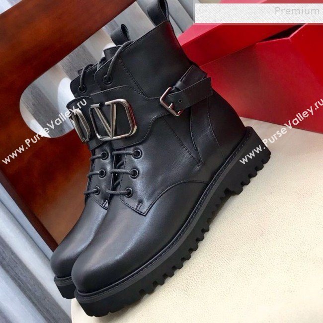 Valentino Calfskin VLogo Buckle Short Boots Black 2019 (HUANGZ-9091921)