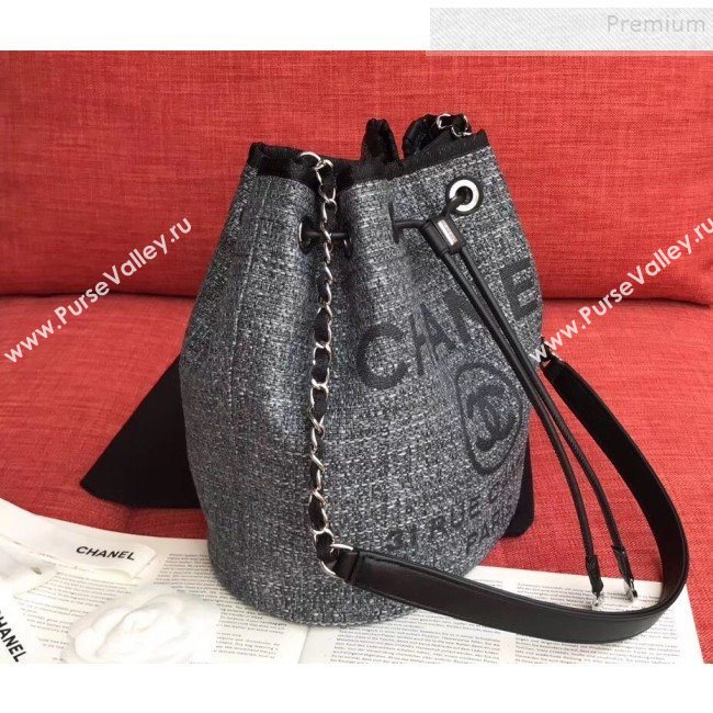 Chanel Fabric Logo Print Small Drawstring Bucket Bag Black 2019 (XING-9092110)