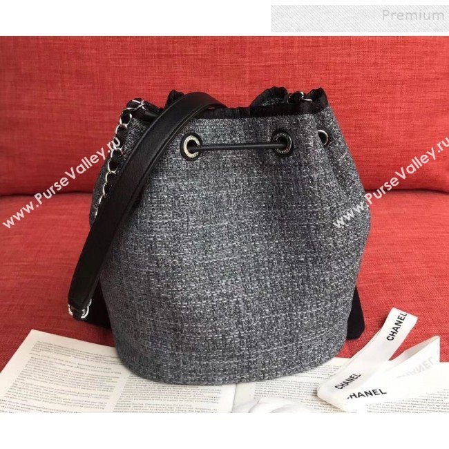 Chanel Fabric Logo Print Small Drawstring Bucket Bag Black 2019 (XING-9092110)