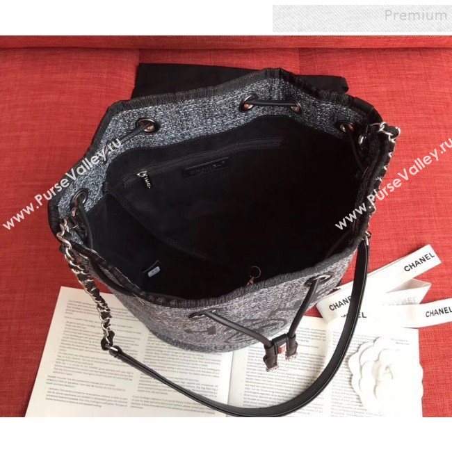 Chanel Fabric Logo Print Small Drawstring Bucket Bag Black 2019 (XING-9092110)