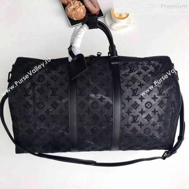Louis Vuitton Mens Keepall Bandoulière 50 Monogram Embroidered Mesh Travel Bag M53971 Black 2019 (FANG-9092115)