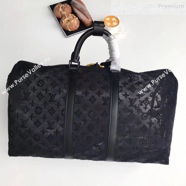 Louis Vuitton Mens Keepall Bandoulière 50 Monogram Embroidered Mesh Travel Bag M53971 Black 2019 (FANG-9092115)