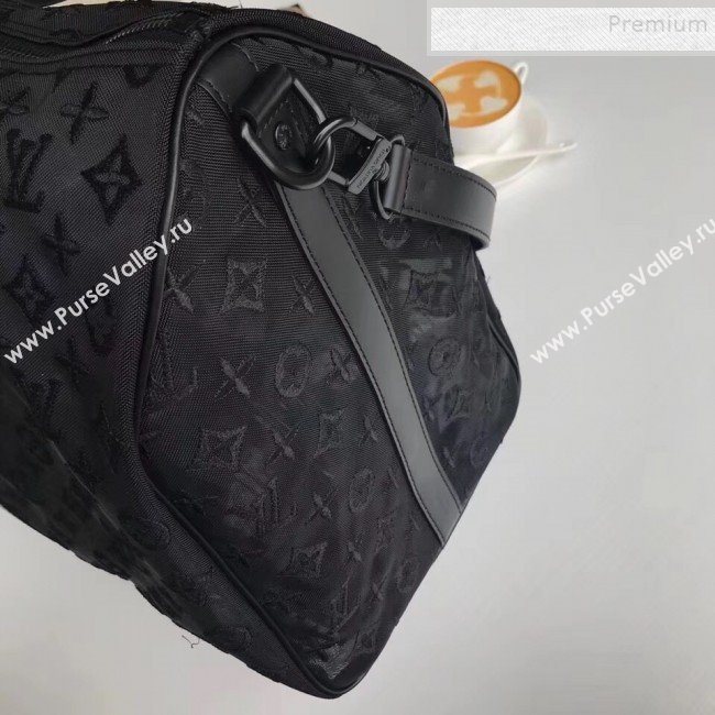 Louis Vuitton Mens Keepall Bandoulière 50 Monogram Embroidered Mesh Travel Bag M53971 Black 2019 (FANG-9092115)