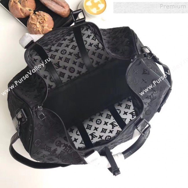 Louis Vuitton Mens Keepall Bandoulière 50 Monogram Embroidered Mesh Travel Bag M53971 Black 2019 (FANG-9092115)