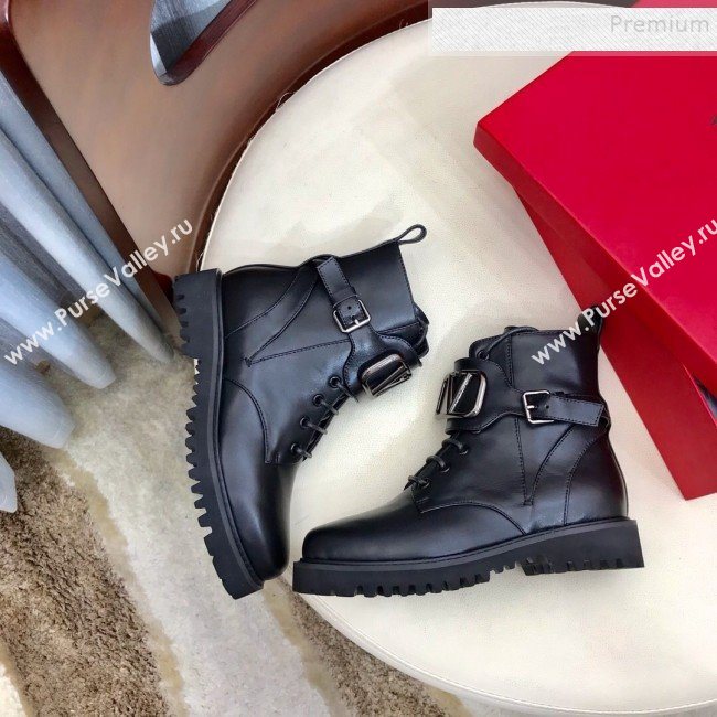Valentino Calfskin VLogo Buckle Short Boots Black 2019 (HUANGZ-9091921)