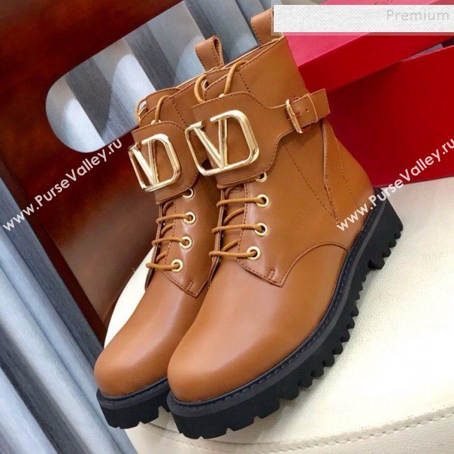 Valentino Calfskin VLogo Buckle Short Boots Brown 2019 (HUANGZ-9091922)