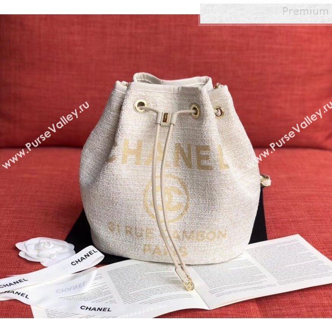 Chanel Fabric Logo Print Small Drawstring Bucket Bag White/Gold 2019 (XING-9092107)