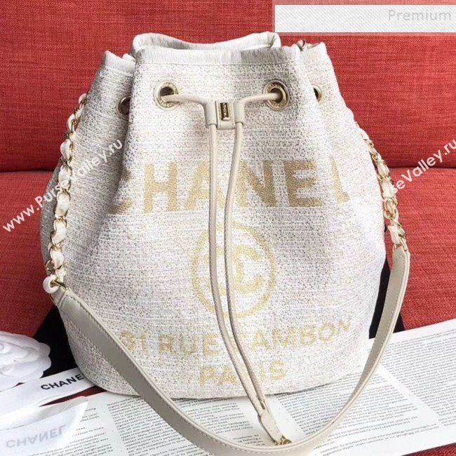 Chanel Fabric Logo Print Small Drawstring Bucket Bag White/Gold 2019 (XING-9092107)