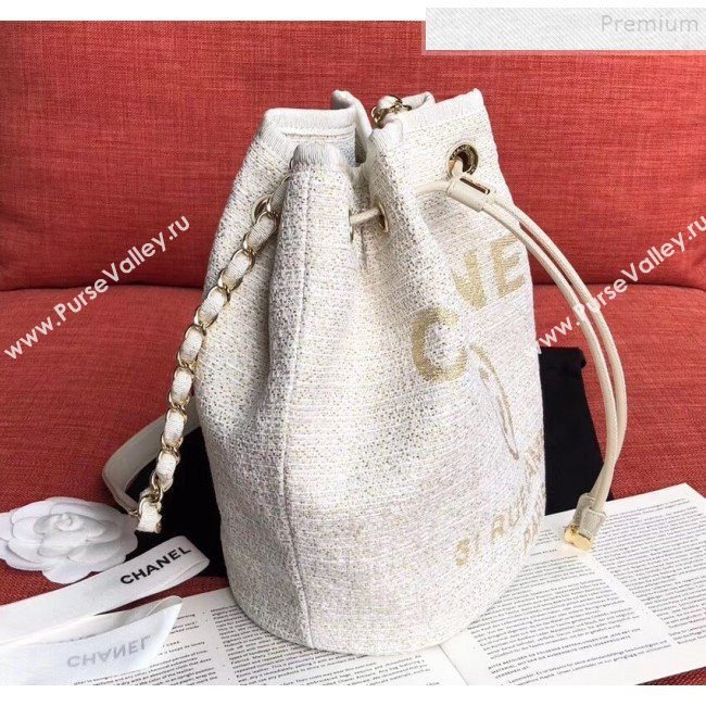 Chanel Fabric Logo Print Small Drawstring Bucket Bag White/Gold 2019 (XING-9092107)
