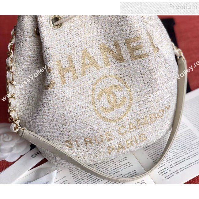 Chanel Fabric Logo Print Small Drawstring Bucket Bag White/Gold 2019 (XING-9092107)