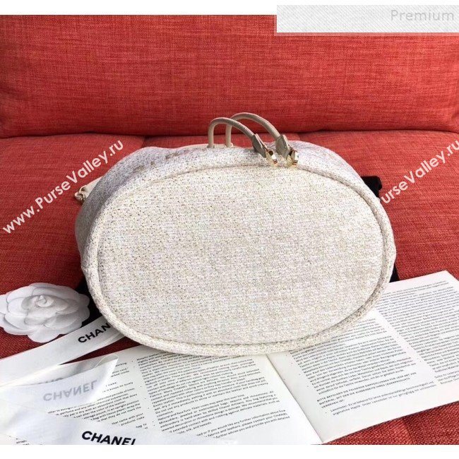 Chanel Fabric Logo Print Small Drawstring Bucket Bag White/Gold 2019 (XING-9092107)