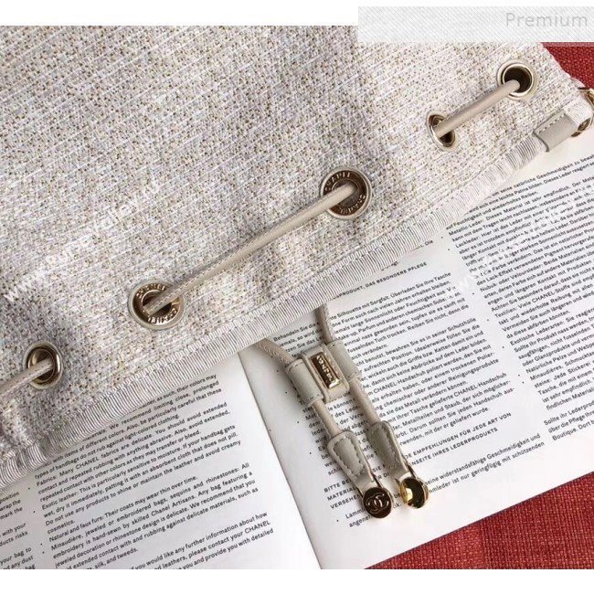 Chanel Fabric Logo Print Small Drawstring Bucket Bag White/Gold 2019 (XING-9092107)