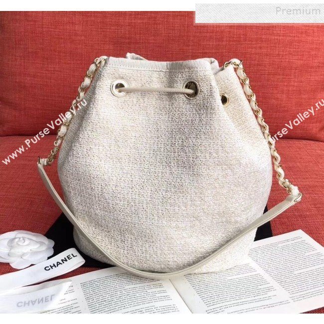 Chanel Fabric Logo Print Small Drawstring Bucket Bag White/Gold 2019 (XING-9092107)