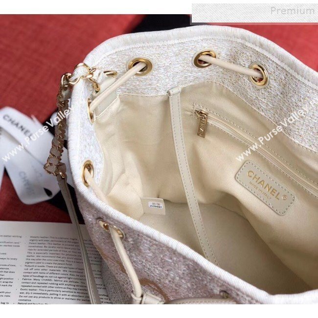 Chanel Fabric Logo Print Small Drawstring Bucket Bag White/Gold 2019 (XING-9092107)