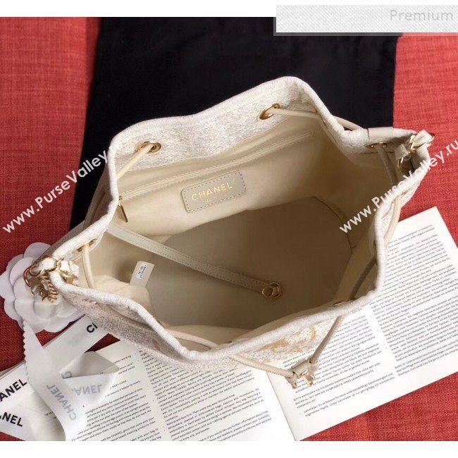Chanel Fabric Logo Print Small Drawstring Bucket Bag White/Gold 2019 (XING-9092107)