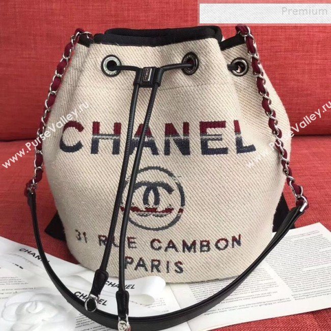 Chanel Fabric Logo Print Small Drawstring Bucket Bag Beige White 2019 (XING-9092108)