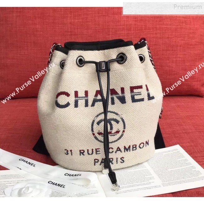 Chanel Fabric Logo Print Small Drawstring Bucket Bag Beige White 2019 (XING-9092108)