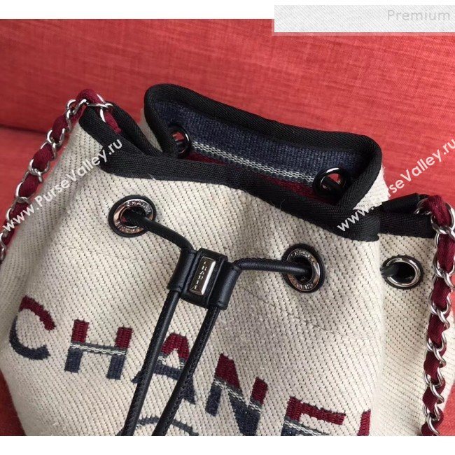 Chanel Fabric Logo Print Small Drawstring Bucket Bag Beige White 2019 (XING-9092108)