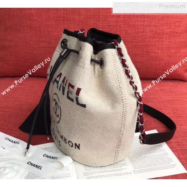 Chanel Fabric Logo Print Small Drawstring Bucket Bag Beige White 2019 (XING-9092108)