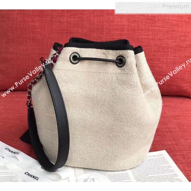 Chanel Fabric Logo Print Small Drawstring Bucket Bag Beige White 2019 (XING-9092108)
