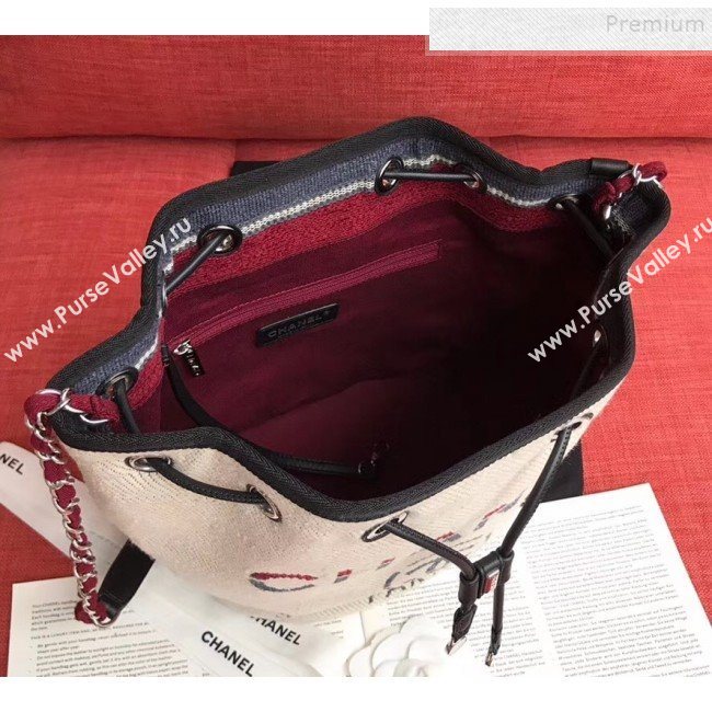 Chanel Fabric Logo Print Small Drawstring Bucket Bag Beige White 2019 (XING-9092108)