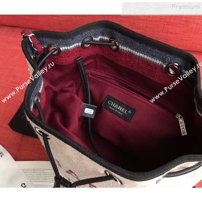 Chanel Fabric Logo Print Small Drawstring Bucket Bag Beige White 2019 (XING-9092108)