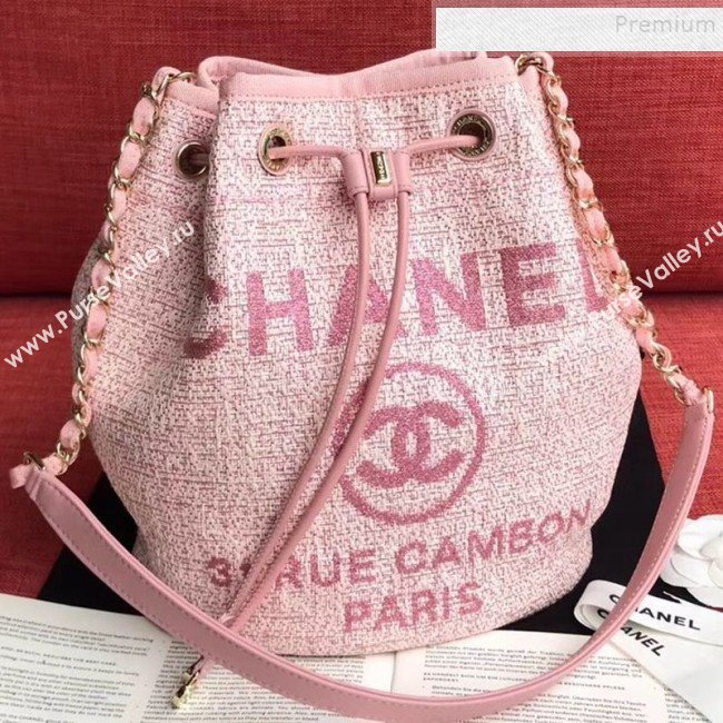 Chanel Fabric Logo Print Small Drawstring Bucket Bag Pink 2019 (XING-9092109)