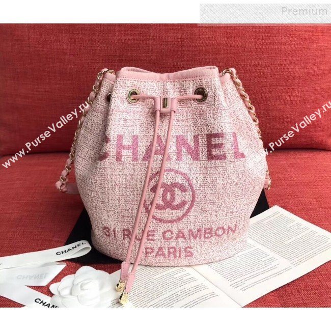 Chanel Fabric Logo Print Small Drawstring Bucket Bag Pink 2019 (XING-9092109)