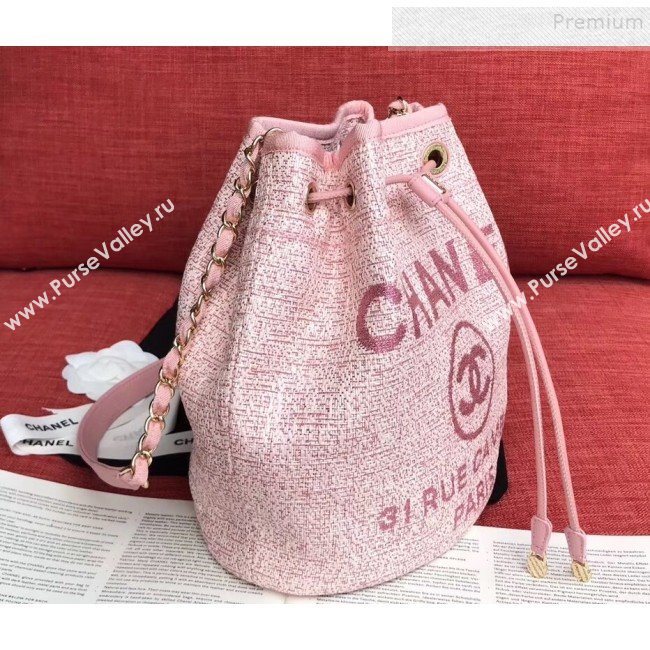 Chanel Fabric Logo Print Small Drawstring Bucket Bag Pink 2019 (XING-9092109)